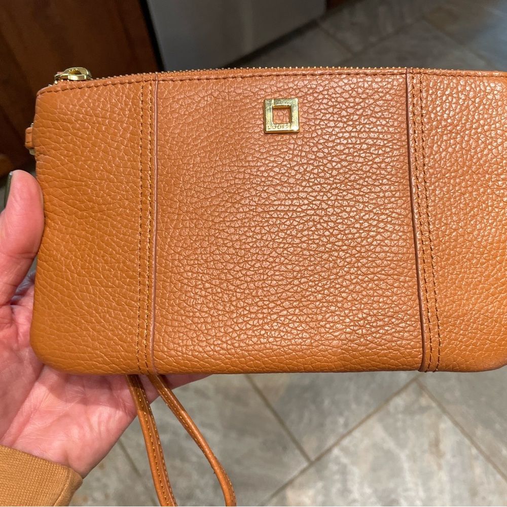 Tan Leather Lodis Wristlet Clutch